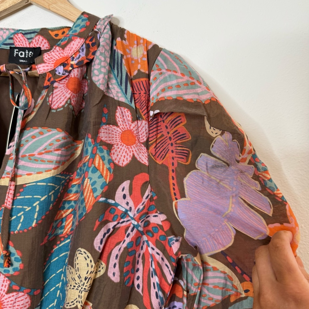 New FATE Spring Floral Tropical Vibrant Flowy Maxi Dress Puff Long Sleeve small - Picture 13 of 15